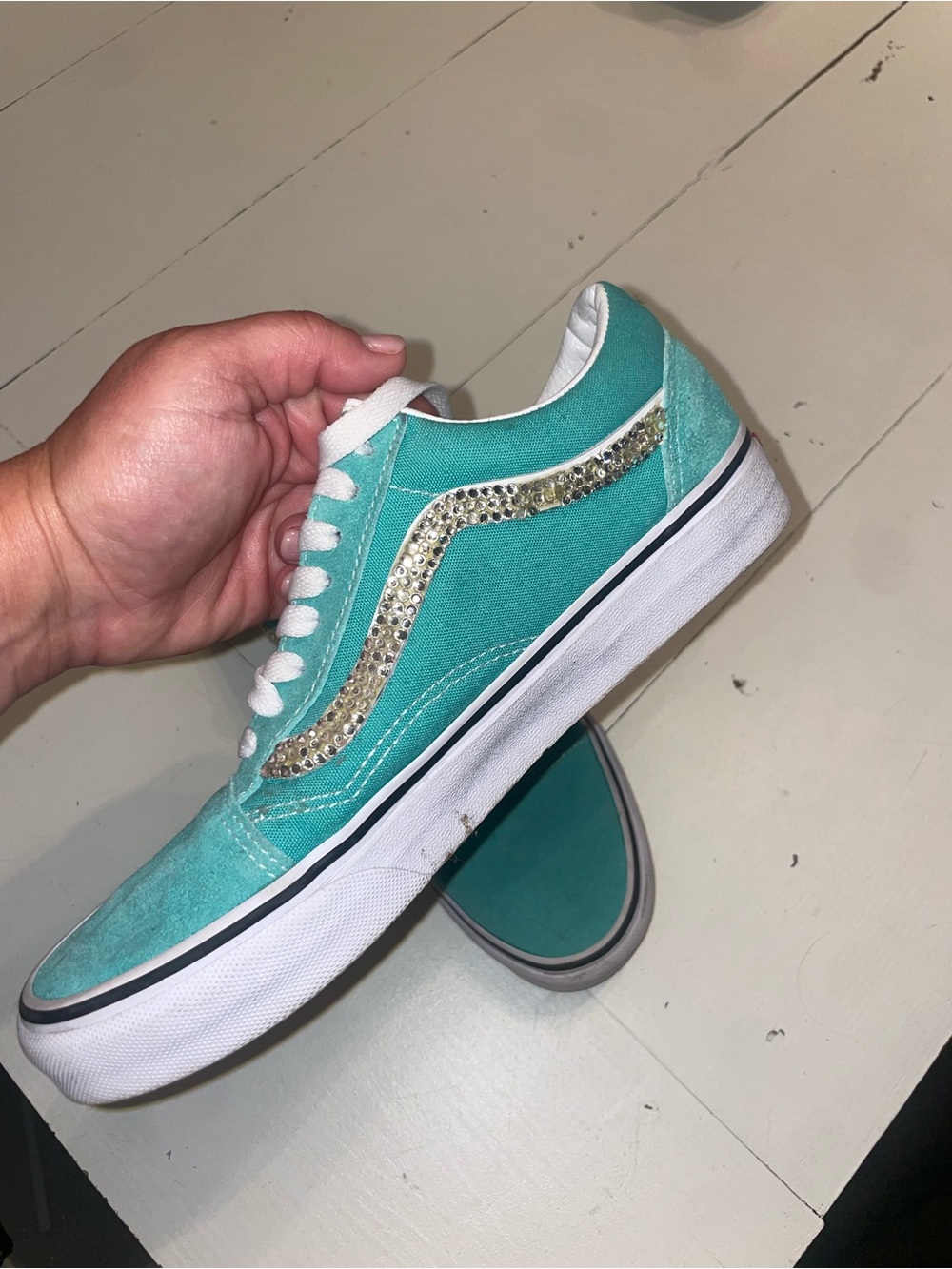 Vans Teal Canvas Low-Top Sneakers with Rhinestone Side Stripe